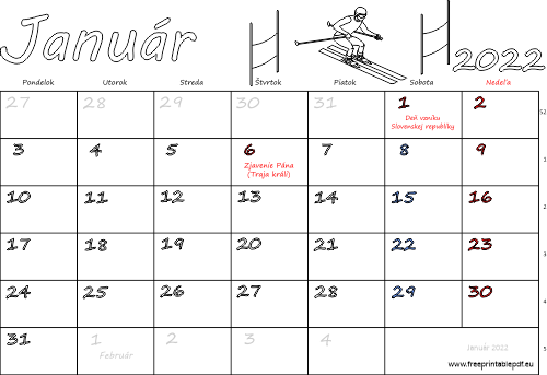 kalendár Január 2022 s Vianocami