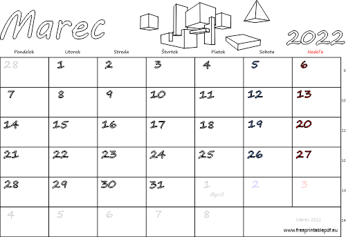 kalendár Marec 2022 s Vianocami