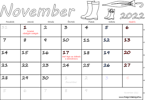 kalendár November 2022 s Vianocami