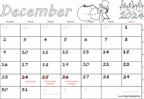 kalendár December 2024 s Vianocami