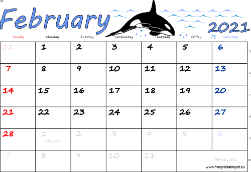 February 2021 UK color calendar