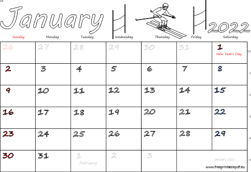 January 2022 UK calendar with holidays