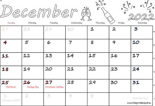 December 2022 holidays and week numbers