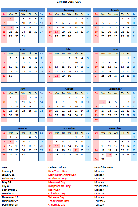 Free 2018 Word Calendar