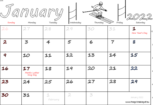 January 2022 US calendar with holidays