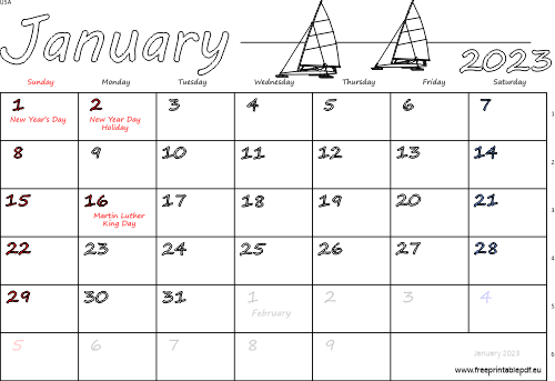 January 2023 US calendar with holidays